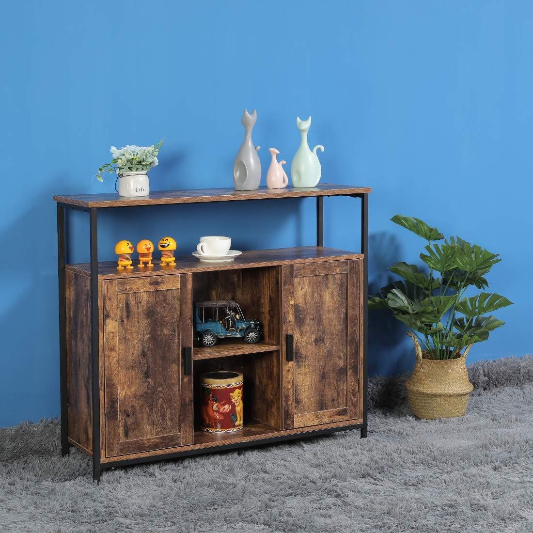 Industrial Floor Storage Cabinet with 2 Doors, Adjustable Shelves, Rustic Brown R20502