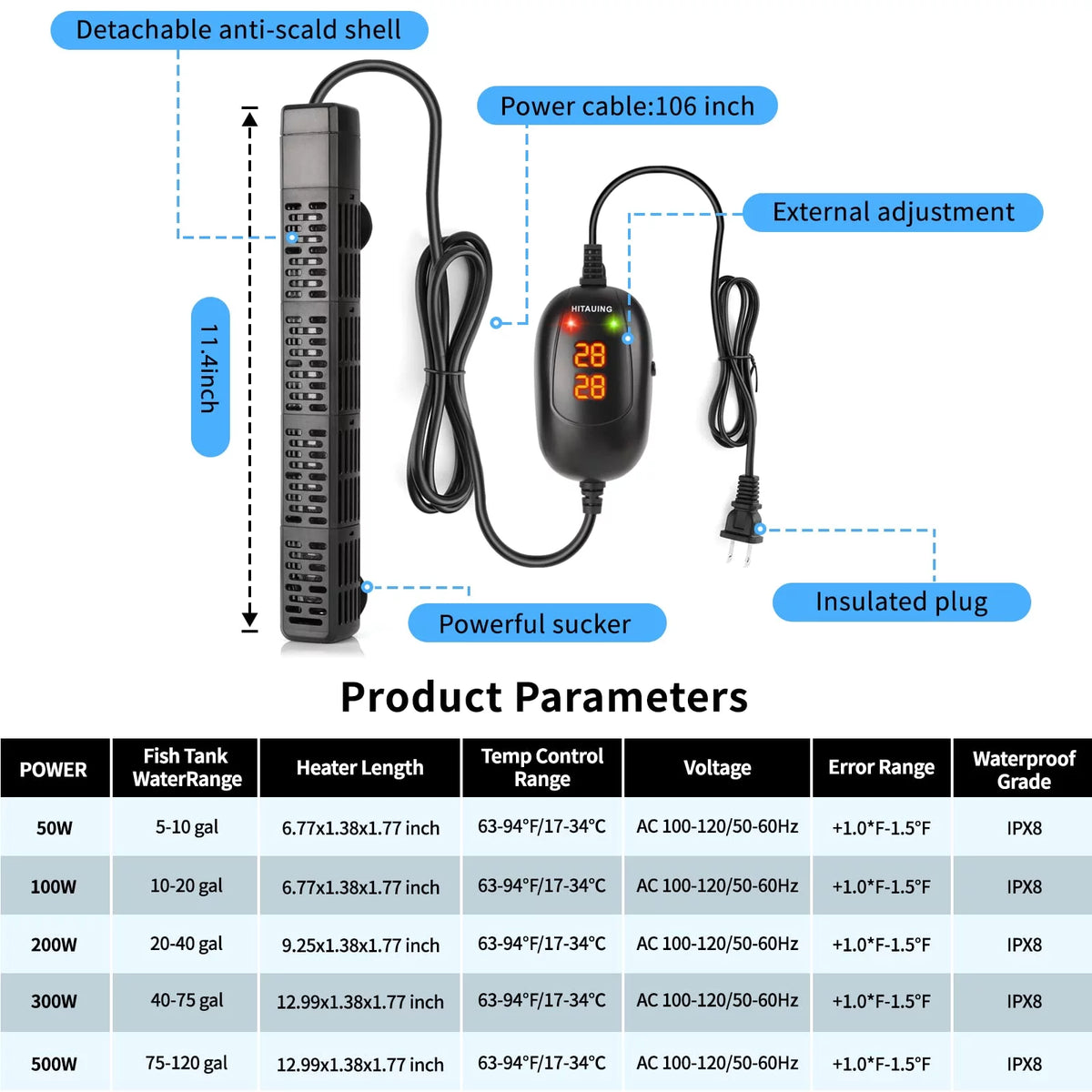 Aquarium Heater Submersible Fish Tank Heater F9814