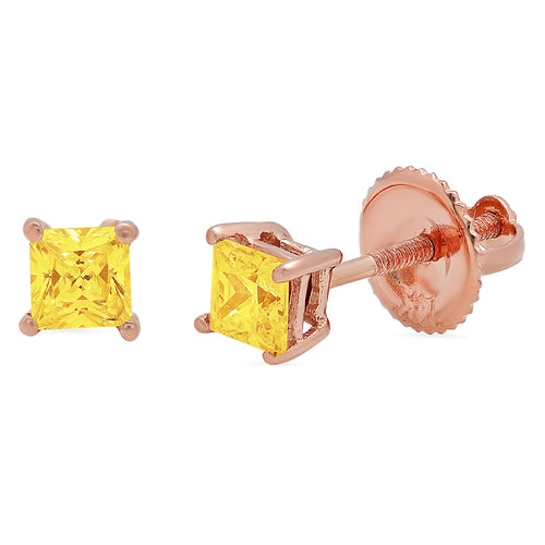 0.5 ct Princess Cut Solitaire Studs VVS1 Yellow Simulated Diamond Solid 18K Rose Gold Earrings Screw back C943424