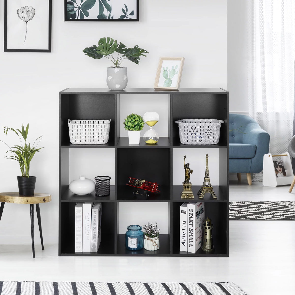 3-Tier 9 Cube Storage Organizer Wood Bookcase Bookshelf Black S323