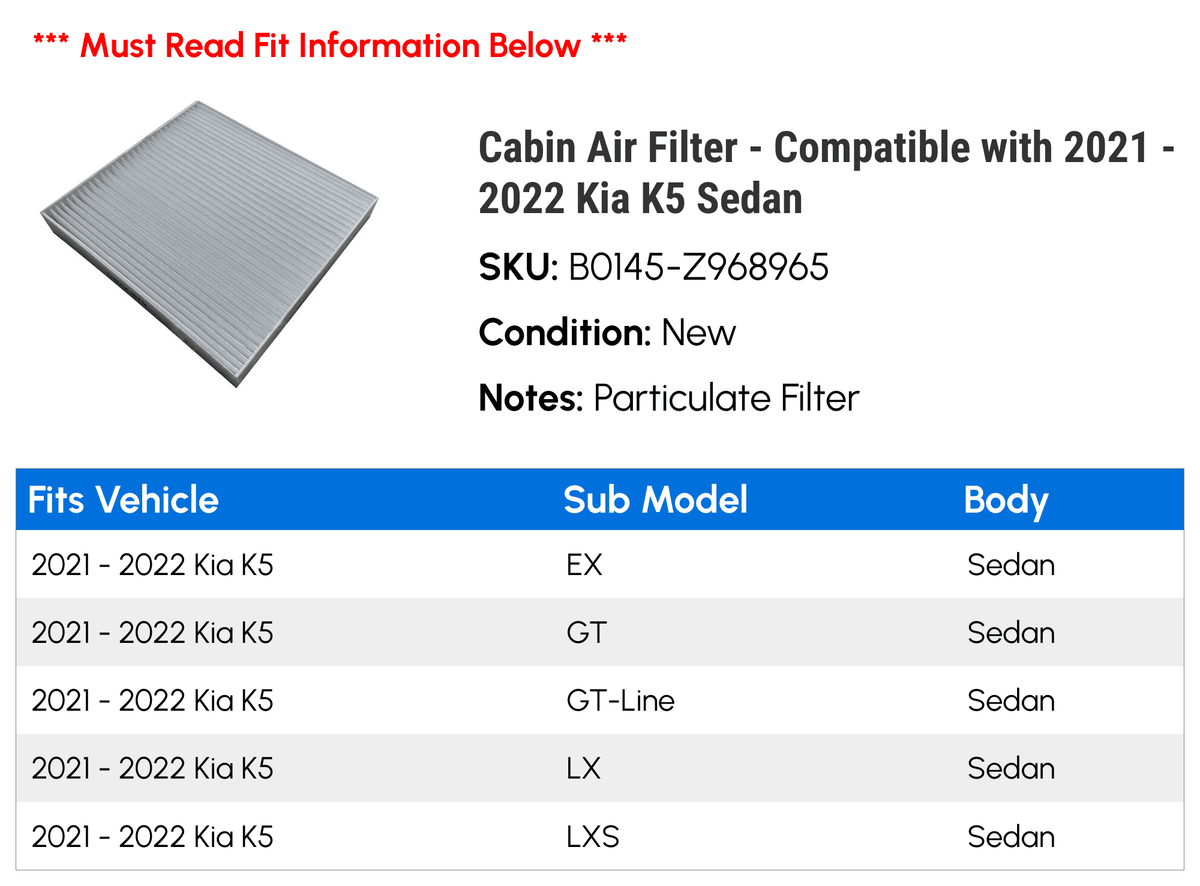Cabin Air Filter for Kia K5 Sedan N404786
