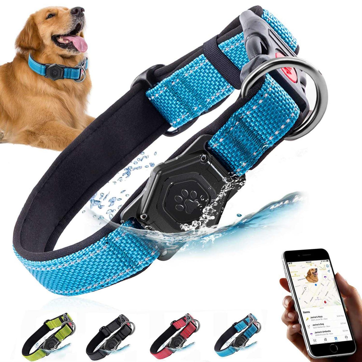 Adjustable Reflective Dog Collar with AirTag Holder P174
