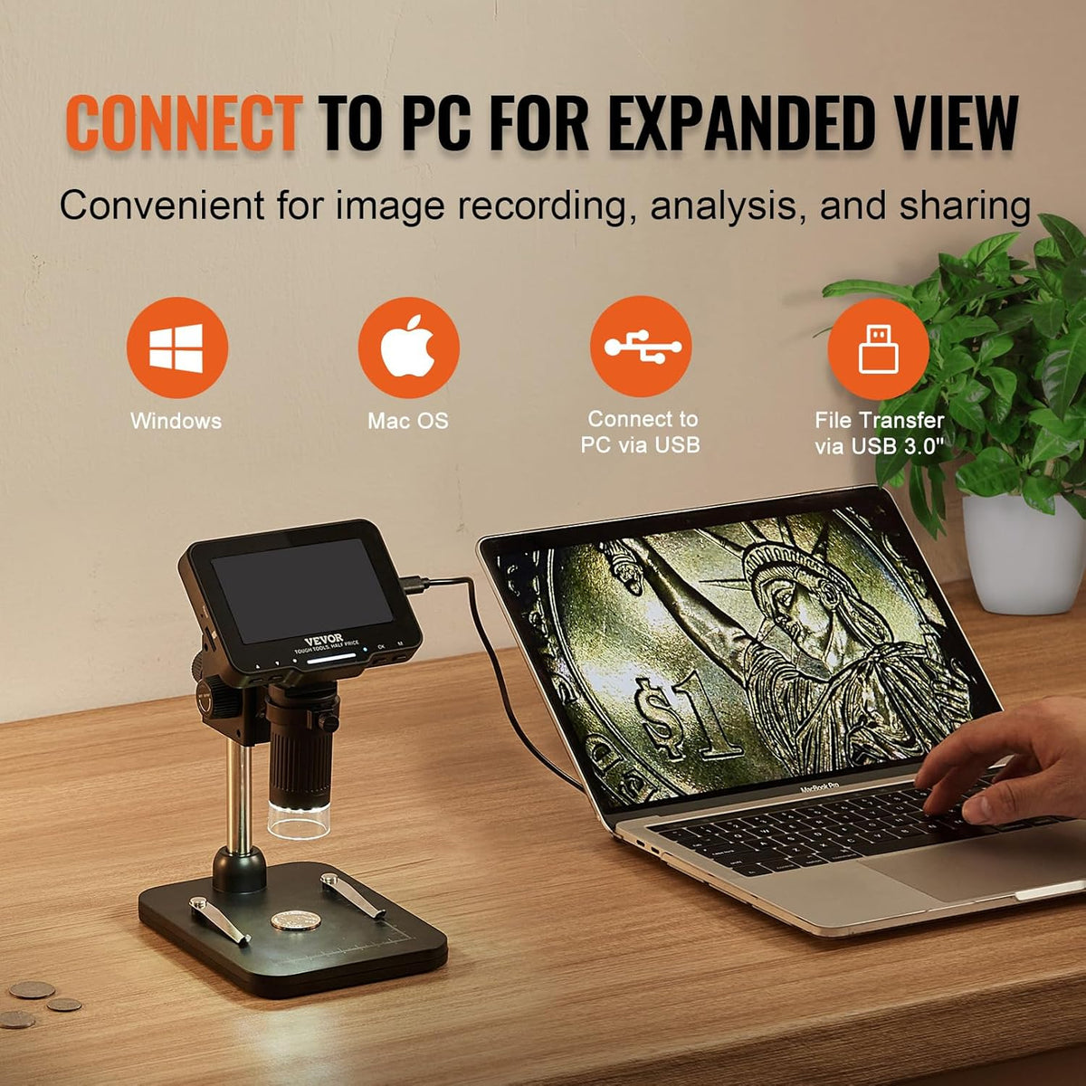 4.3" IPS Screen 50X-1000X Magnification LCD Digital Microscope with 8 LED Lights and 32GB SD Card Q71996