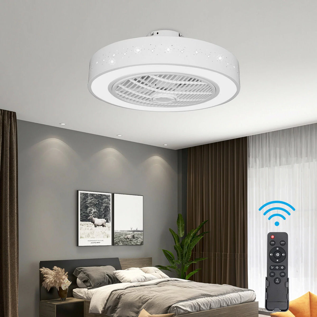 Round LED Ceiling Fan Light Lamp 3 Speed Dimmable U883