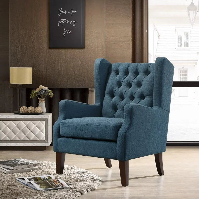 Linen Button Tufted Wingback Chair Blue Z36739