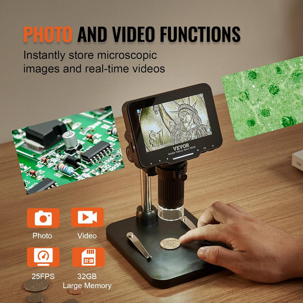 4.3" IPS Screen 50X-1000X Magnification LCD Digital Microscope with 8 LED Lights and 32GB SD Card Q71996