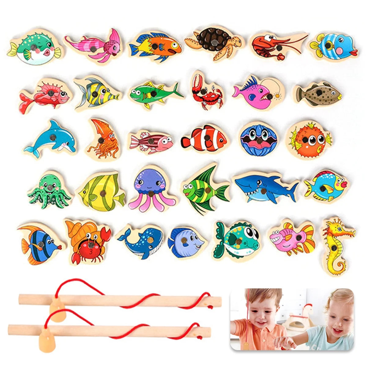Wooden Magnetic Fishing Game Toys Set with Fish Rod E36488