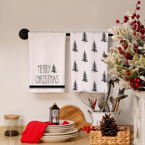 Christmas Kitchen Towels Set of 2 Black Xmas Tree Dish Towels 18x26 Inch L5609