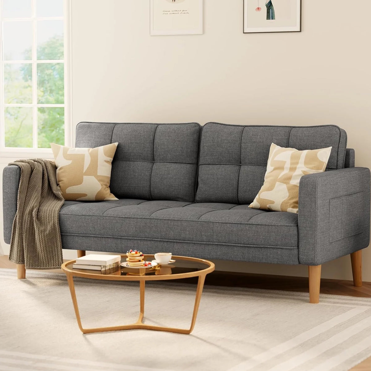Beige Loveseat Sofa with Wood Legs P1405