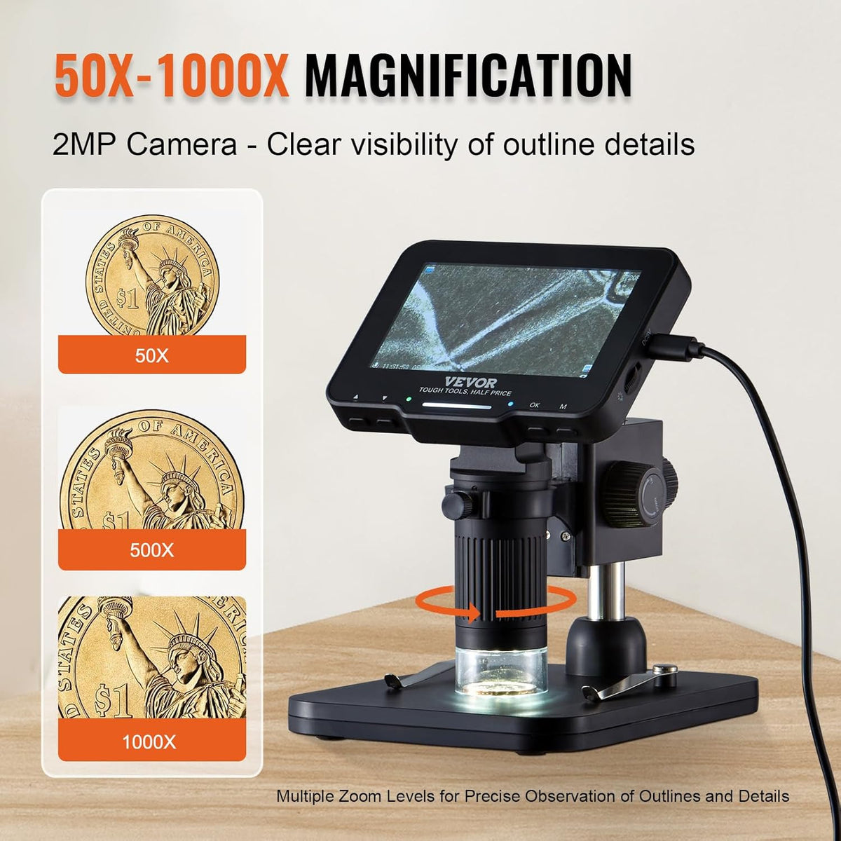 4.3" IPS Screen 50X-1000X Magnification LCD Digital Microscope with 8 LED Lights and 32GB SD Card Q71996