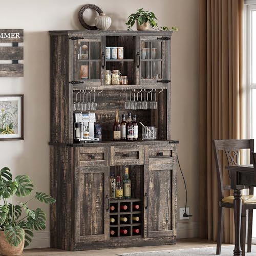 72" Dark Rustic Oak Coffee Bar Cabinet with Storage Shelves and 3 Drawers W98958