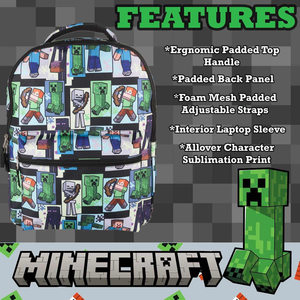 Minecraft Backpack with Front Zip Pocket, Adjustable Padded Mesh Straps, 16 Inches A1866