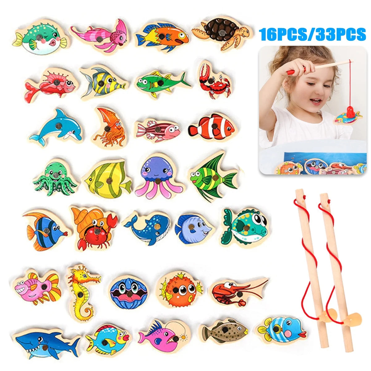 Wooden Magnetic Fishing Game Toys Set with Fish Rod E36488