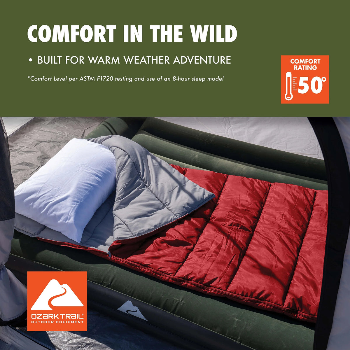 50-Degree Warm Weather Rectangular Sleeping Bag, Red, 33x75 Y275