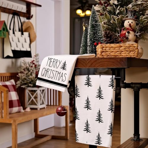 Christmas Kitchen Towels Set of 2 Black Xmas Tree Dish Towels 18x26 Inch L5609