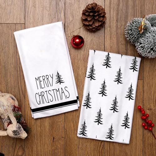 Christmas Kitchen Towels Set of 2 Black Xmas Tree Dish Towels 18x26 Inch L5609
